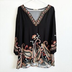 Soft Surroundings Elma 3/4 Sleeve Floral Paisley Crepe Tunic Top Blouse Large